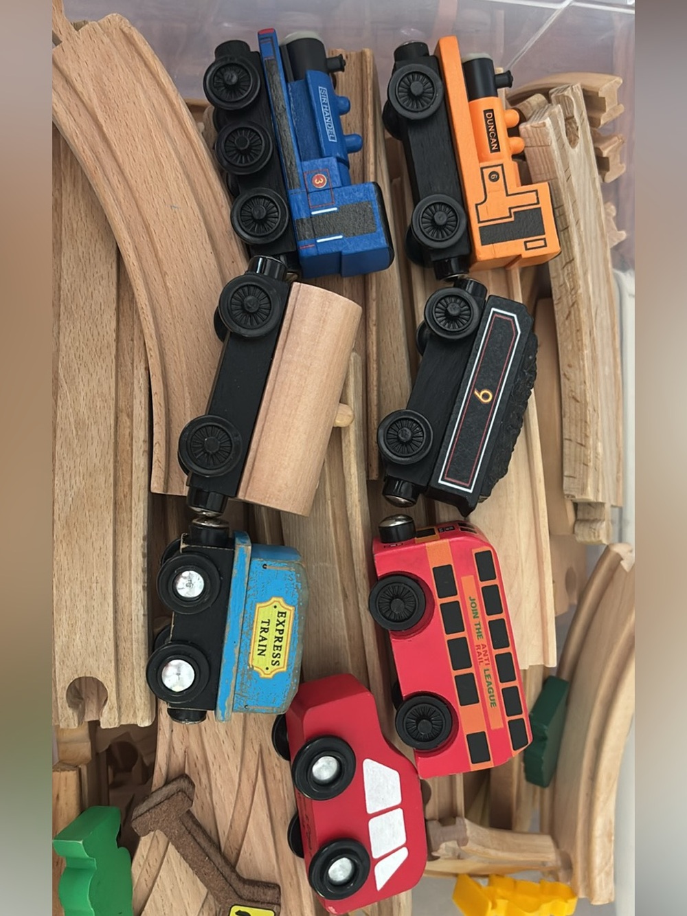 60-pc wooden train tracks & 7- pc wooden freight train set bundle